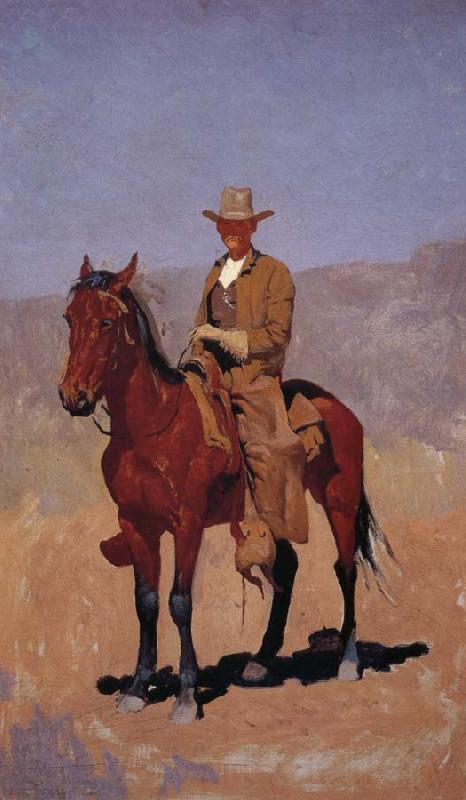 Frederic Remington Mounted Cowboy in Chaps with Bay Horse